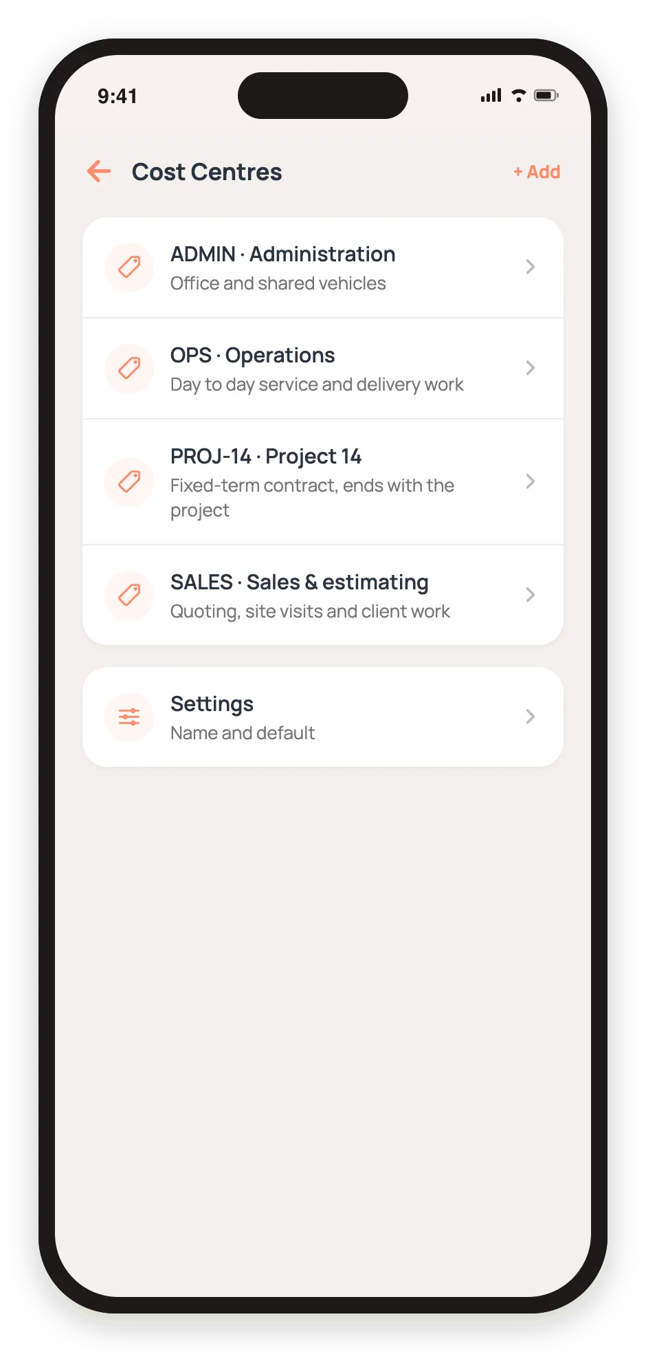 The cost centres screen on a phone, listing Operations, Sales and Administration