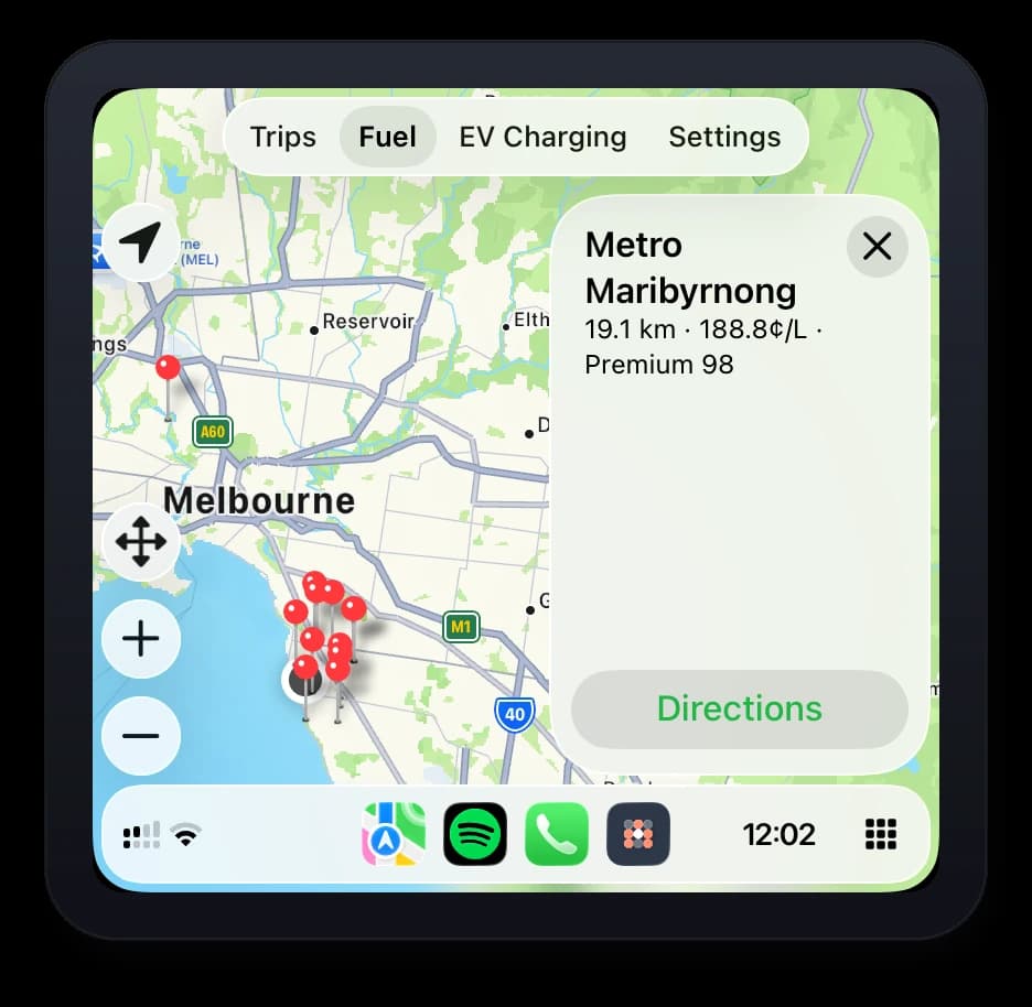 Axlerun fuel locator on Apple CarPlay showing cheapest stations near Melbourne