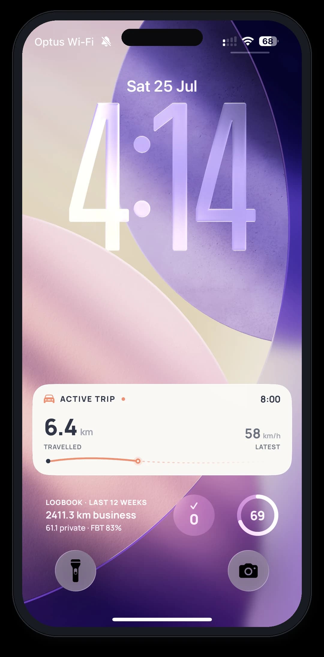 Axlerun live drive card on the iPhone lock screen showing an active trip