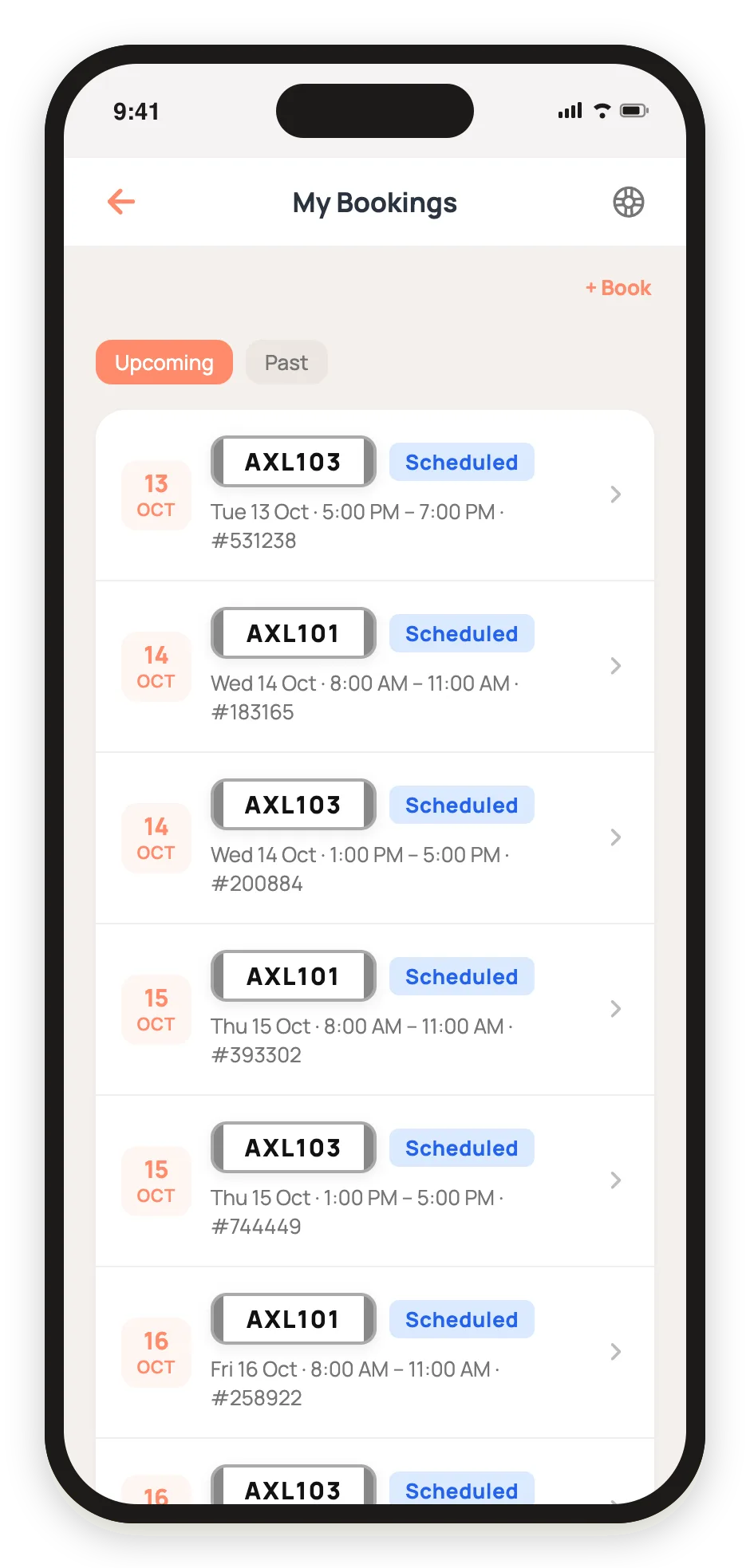 The My Bookings screen on a phone, listing upcoming pool bookings with plates, times and booking numbers