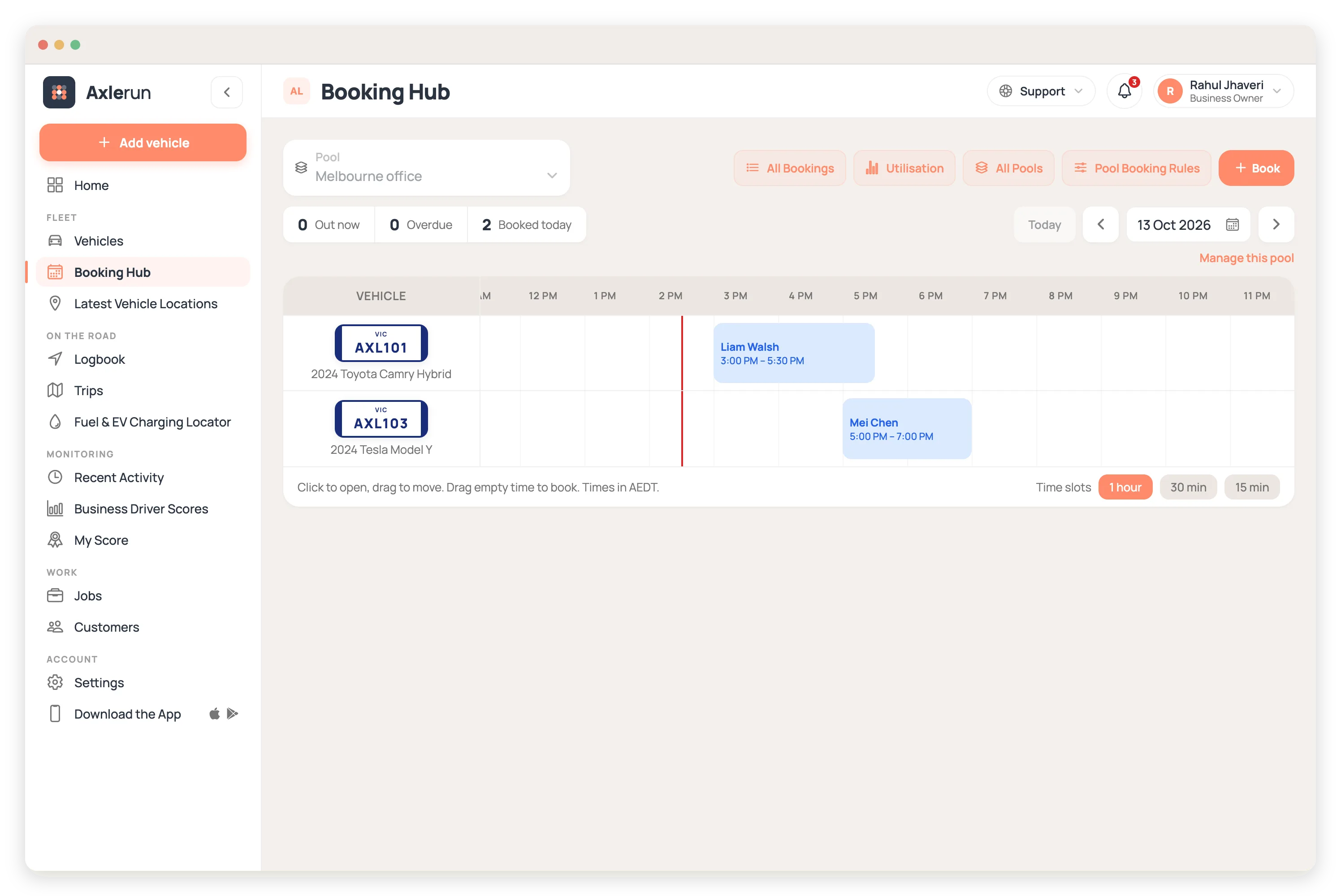 The Booking Hub calendar, with two pool vehicles booked for the afternoon