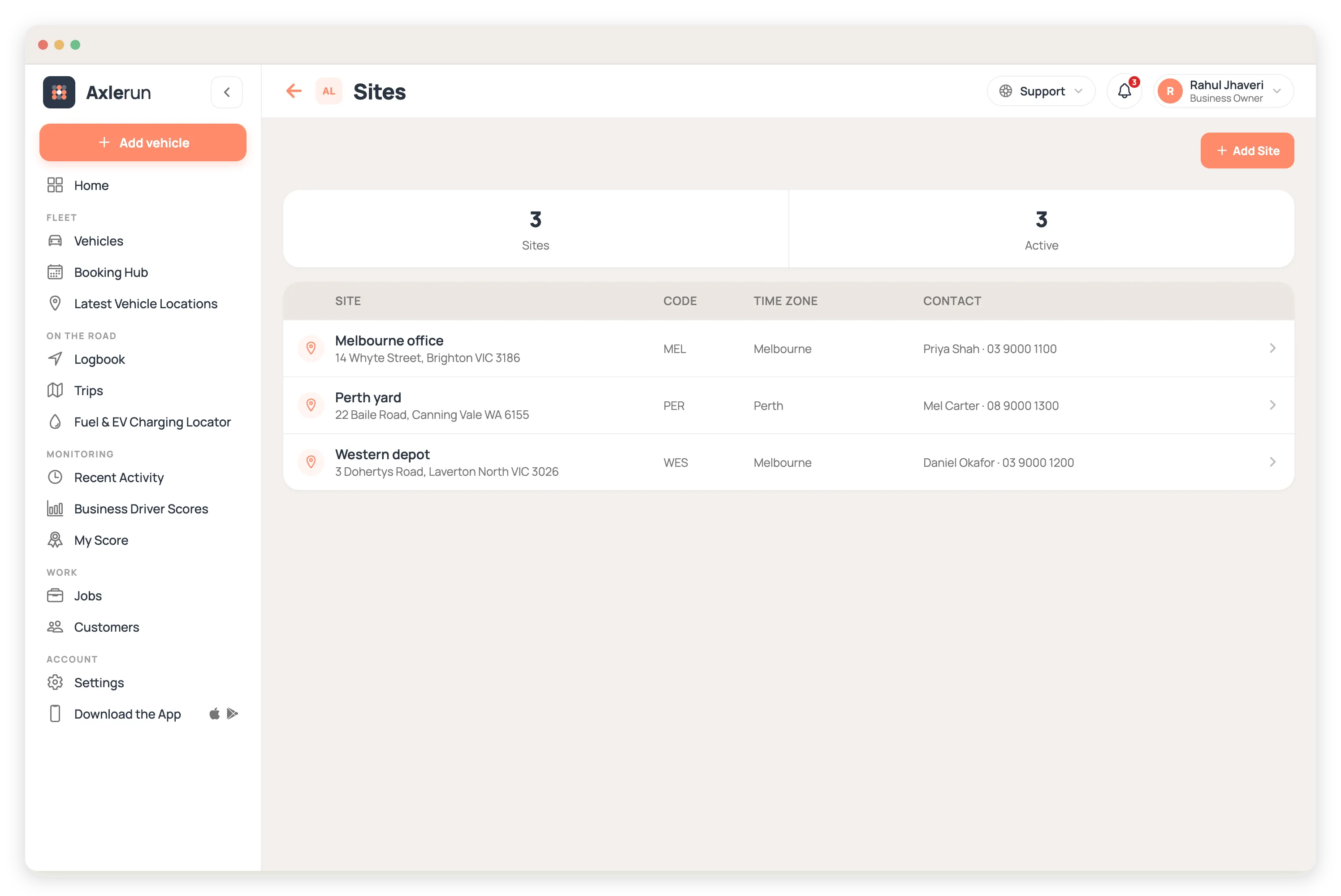 The Sites screen listing three depots with their codes, time zones and contacts