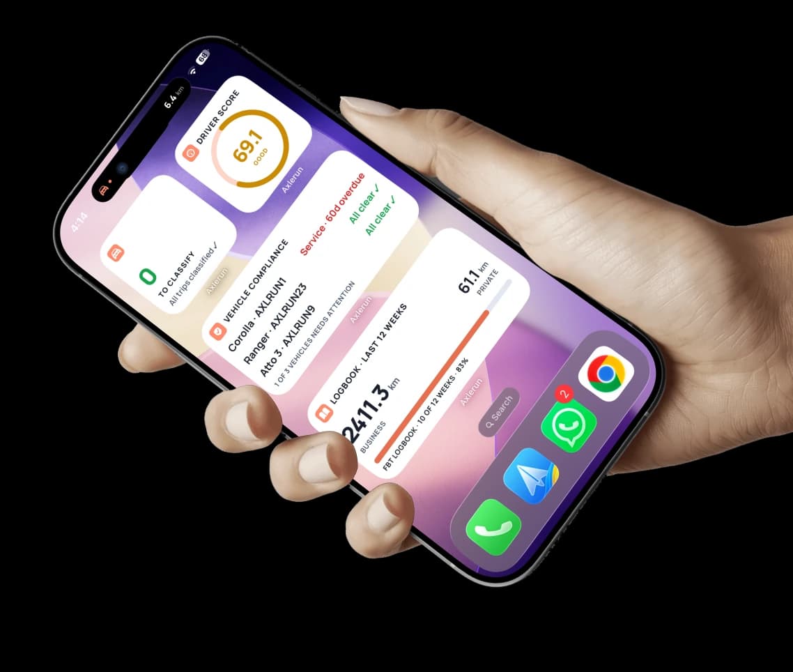 Phone showing the Axlerun widgets & live drive card screen