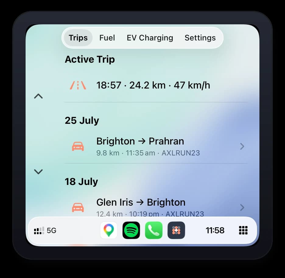 Axlerun active trip and trip history on Apple CarPlay