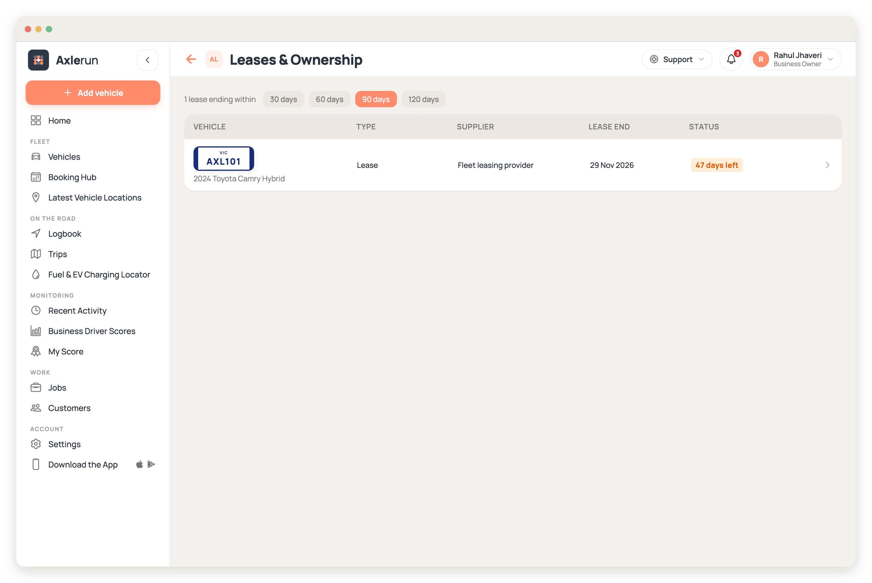 The Leases and Ownership screen showing a lease with 47 days left