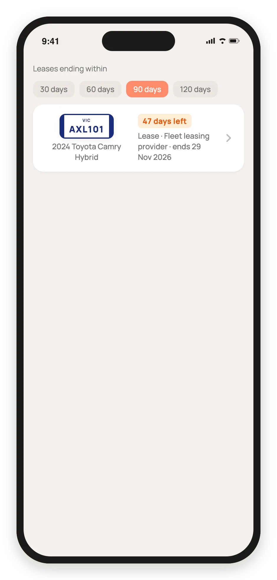 The leases screen on a phone, showing a lease with the days remaining