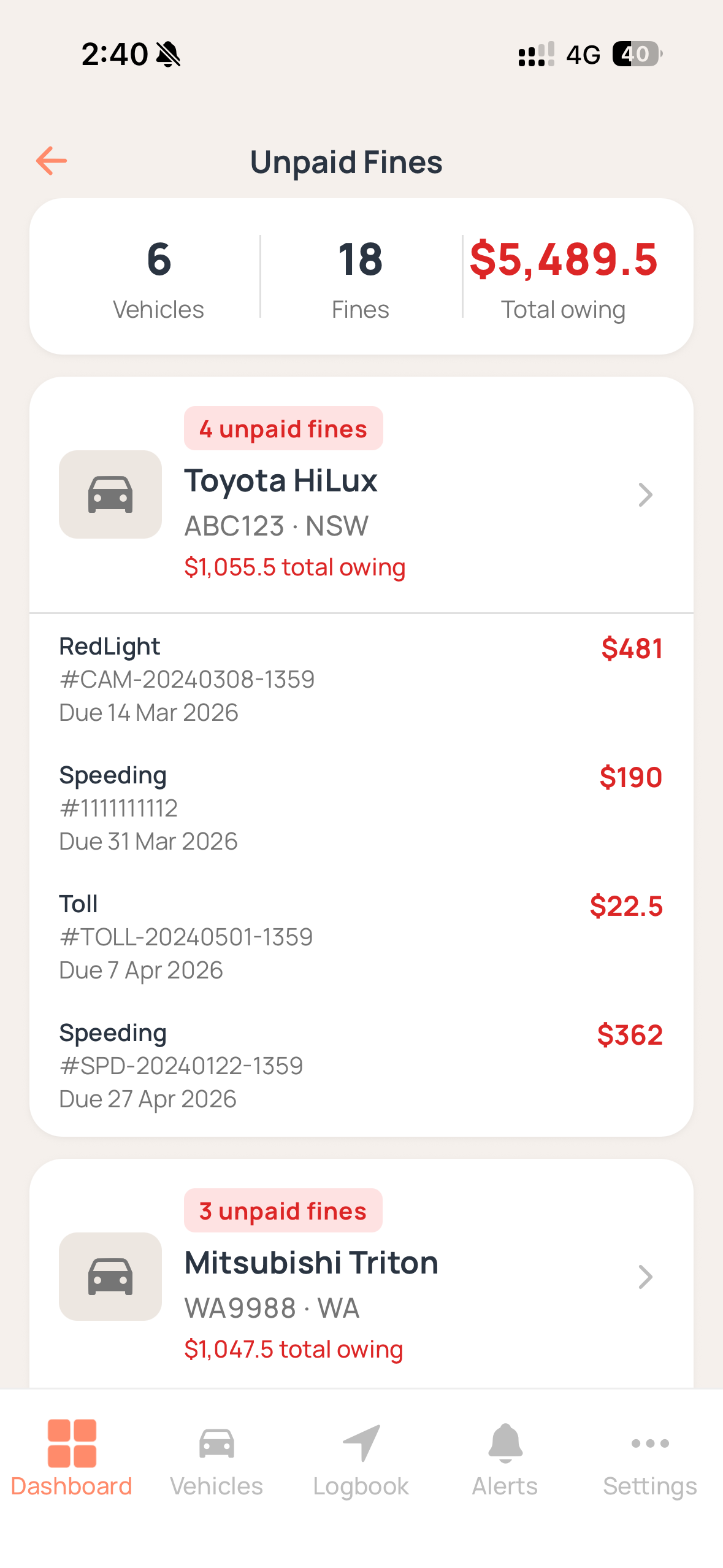 Axlerun Interface for Toll & Incident Management - Fleet Management Software