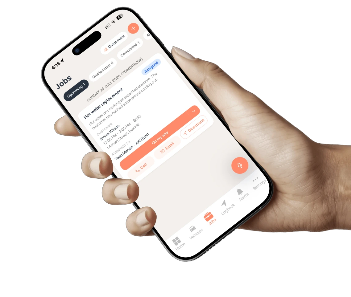 Hand holding a phone showing the Axlerun job management & customers screen